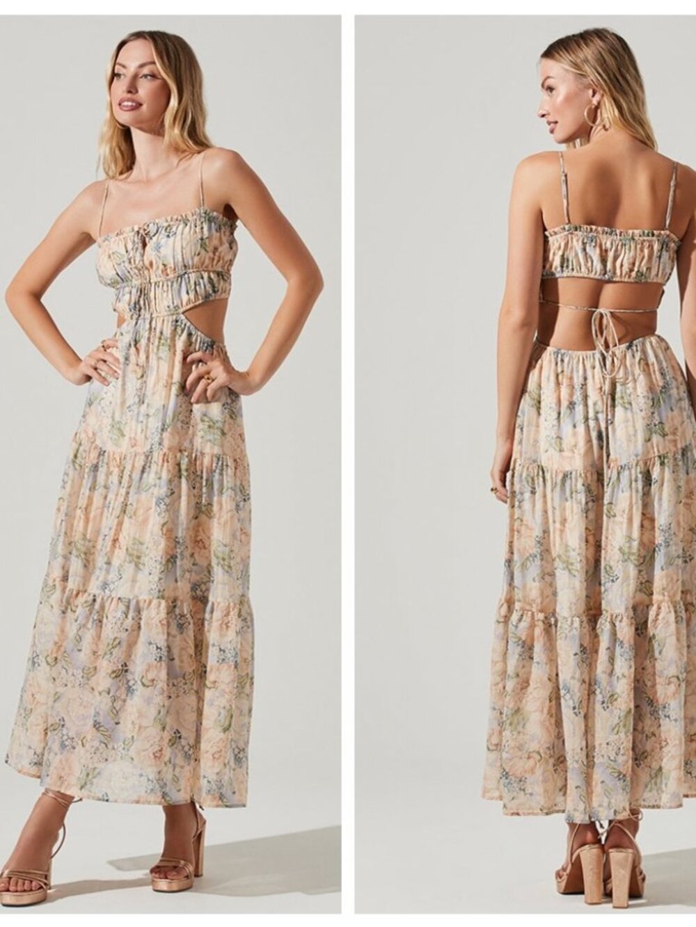 ASTR the Label Odina Tiered Cutout Maxi Dress Blue Peach Floral Size S